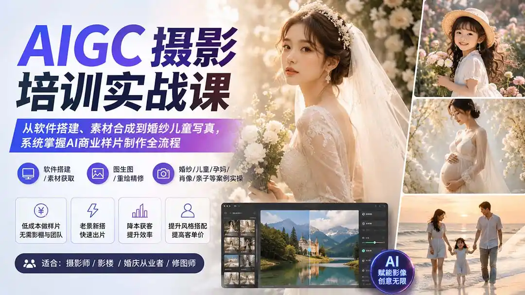 AIGC摄影培训实战课：从软件搭建、素材合成到婚纱儿童写真，系统掌握AI商业样片制作全流程-得宝资源站