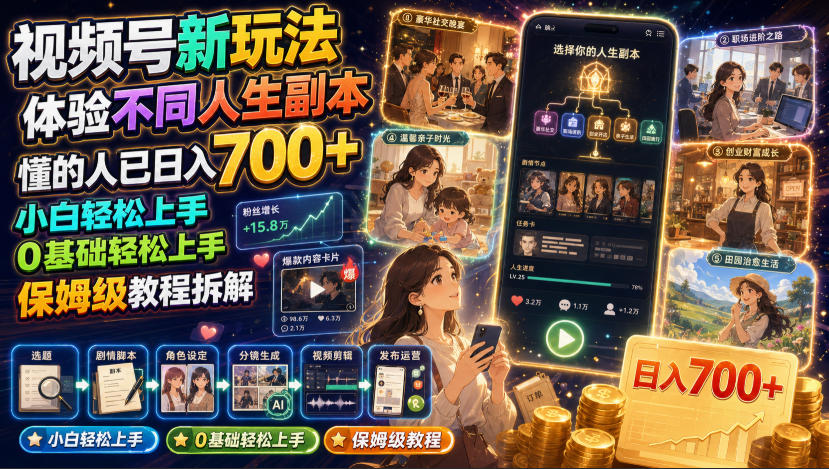 视频号新玩法体验不同人生副本，懂的人已日入700+，小白轻松上手，0基础轻松上手，保姆级教程拆解-得宝资源站