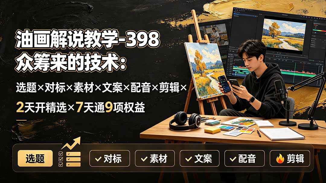 油画解说教学-398众筹来的技术：选题×对标×素材×文案×配音×剪辑×2天开精选×7天通9项权益-得宝资源站