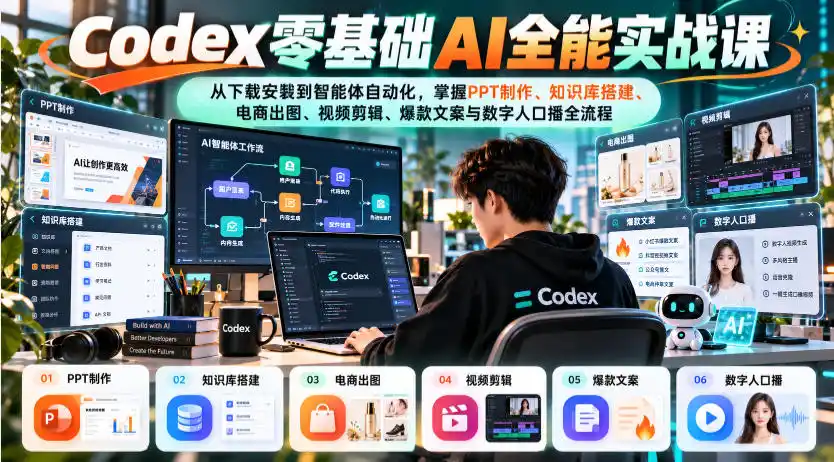 Codex零基础AI全能实战课：从下载安装到智能体自动化，掌握知识库搭建、电商出图、视频剪辑、爆款文案与数字人口播全流程-得宝资源站