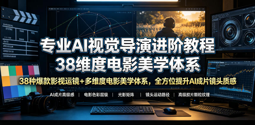 专业AI视觉导演进阶教程，38种爆款影视运镜+多维度电影美学体系，全方位提升AI成片高级感与镜头质感-得宝资源站