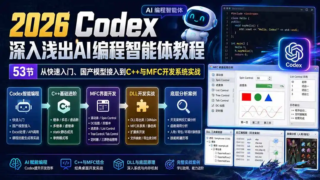 2026 Codex深入浅出AI编程智能体教程：53节从快速入门、国产模型接入到C++与MFC开发系统实战-得宝资源站