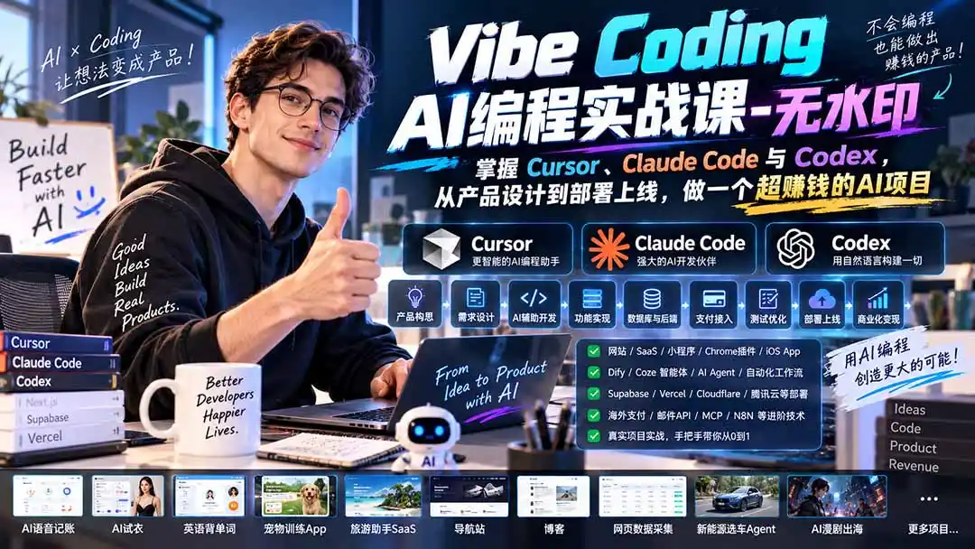Vibe Coding AI编程实战课-无水印：掌握Cursor、Claude Code与Codex，从产品设计到部署上线，做一个超赚钱的AI项目-得宝资源站