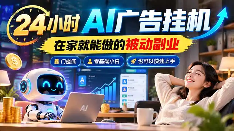 24小时AI广告挂机｜在家就能做的被动副业，门槛低，零基础小白也可以快速上手-得宝资源站