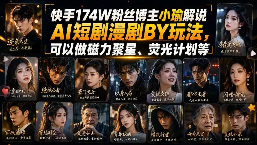 快手174W粉丝博主小瑜解说AI短剧漫剧搬运玩法，可以做磁力聚星、荧光计划等-得宝资源站