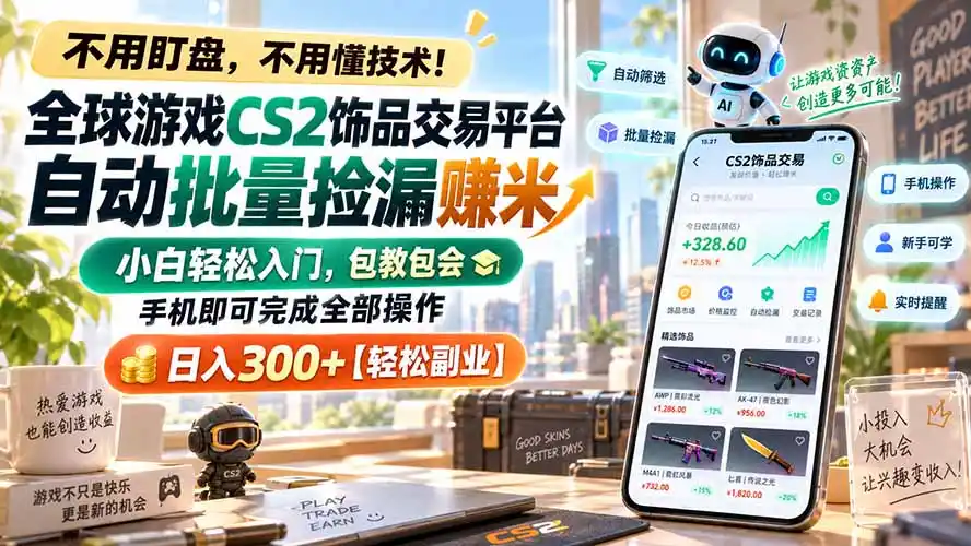 全球游戏CS2饰品交易平台自动批量捡漏赚米，小白轻松入门，包教包会，手机即可完成全部操作，日入300+【轻松副业】-得宝资源站