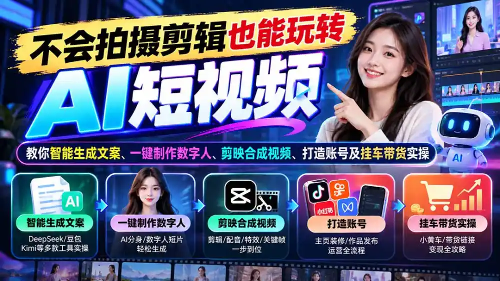 不会拍摄剪辑也能玩转AI短视频：教你智能生成文案、一键制作数字人、剪映合成视频、打造账号及挂车带货实操-得宝资源站