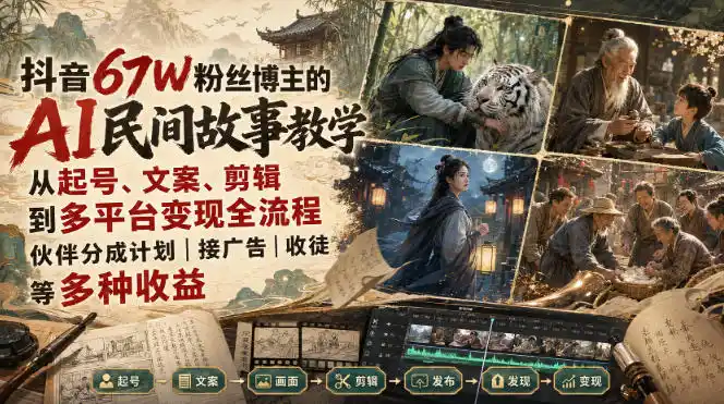 抖音67W粉丝博主的AI民间故事教学，从起号、文案、剪辑到多平台变现全流程，伙伴分成计划接广告等多种收益，月入1W+-得宝资源站