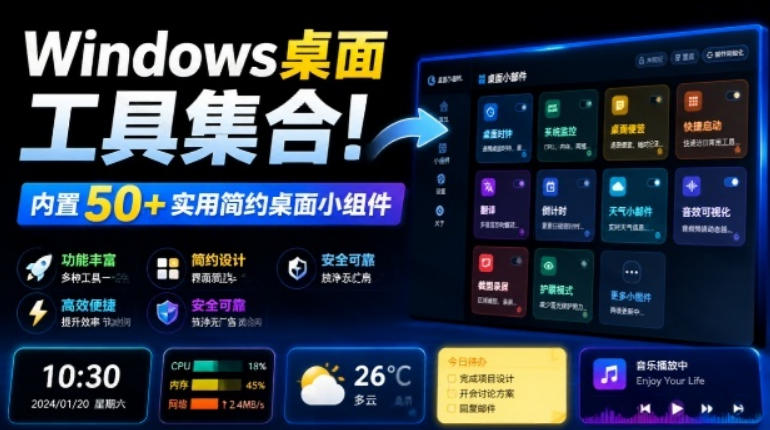 Windows桌面工具集合！内置50+实用简约桌面小组件，含截图、录屏、翻译、天气等，多秘工具箱-得宝资源站