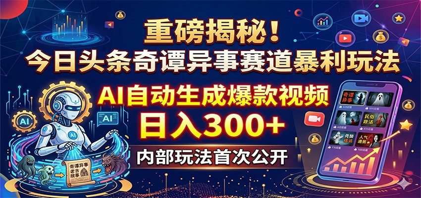 重磅揭秘！今日头条奇谭异事赛道暴利玩法：AI自动生成爆款视频，日入300+-得宝资源站