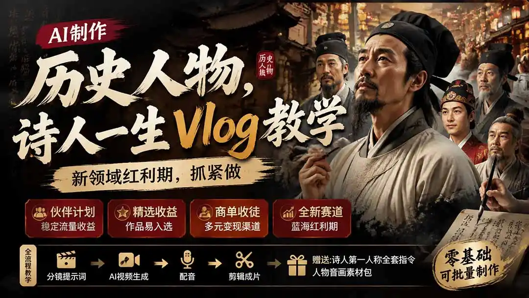 历史人物，诗人一生Vlog教学， AI制作丨伙伴计划丨精选收益丨商单收徒 ，新领域红利期，抓紧做-得宝资源站