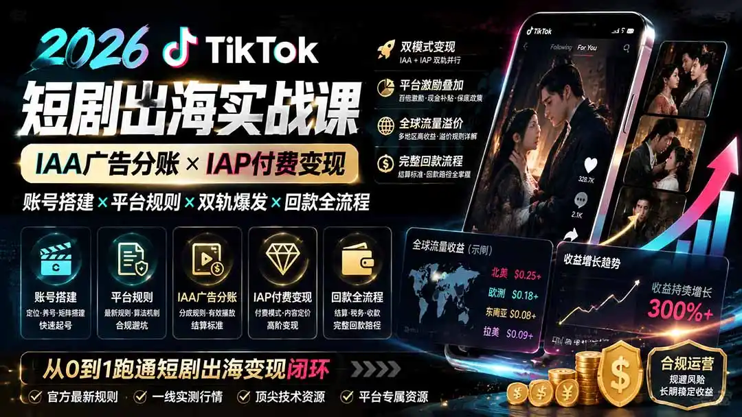 2026TikTok短剧出海实战课：IAA广告分账×IAP付费变现×账号搭建×平台规则×双轨爆发×回款全流程-得宝资源站