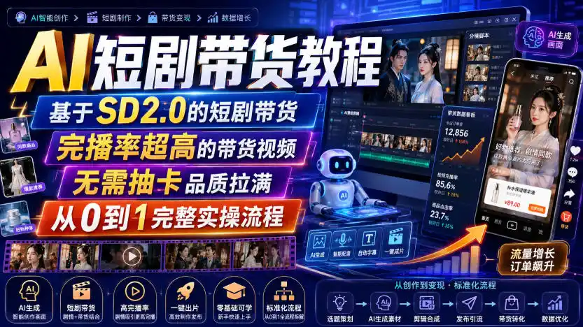 AI短剧带货教程，基于SD2.0的短剧带货，完播率超高的带货视频，无需抽卡品质拉满，从0到1完整实操流程-得宝资源站