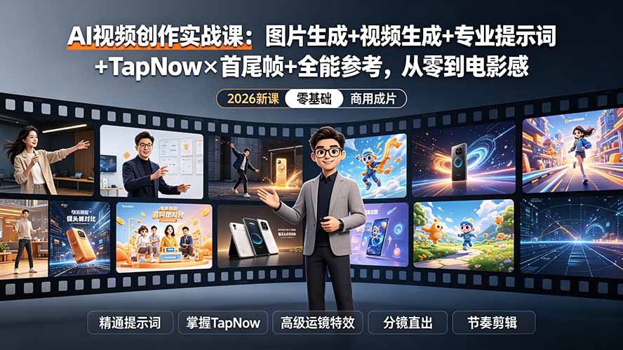 AI视频创作实战课：图片生成+视频生成+专业提示词+TapNow×首尾帧+全能参考，从零到电影感成片-得宝资源站