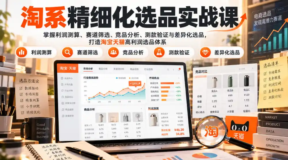 货架电商精细化选品实战课：掌握利润测算、赛道筛选、竞品分析、测款验证与差异化选品，打造淘宝天猫高利润选品体系-得宝资源站