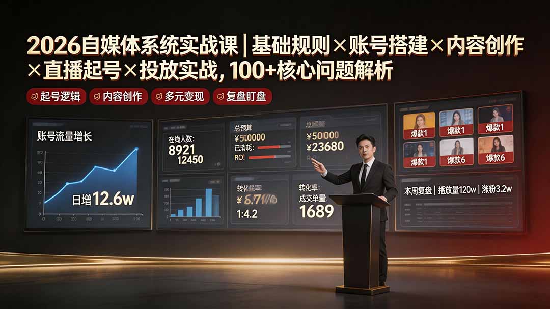 2026自媒体系统实战课｜基础规则×账号搭建×内容创作×直播起号×投放实战，100+核心问题解析-得宝资源站