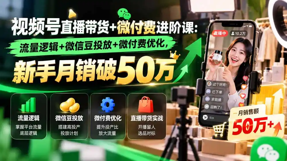 视频号直播带货+微付费进阶课-更新1010：流量逻辑+微信豆投放+微付费优化，新手月销破50万-得宝资源站