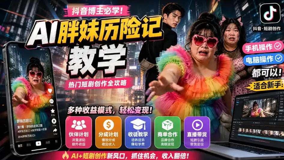 抖音博主的AI胖妹历险记教学，伙伴计划+分成计划+收徒+商单等多种收益，适合新手，手机电脑都可以操作-得宝资源站