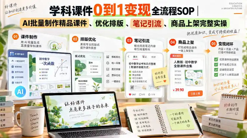 学科课件0到1变现全流程SOP｜AI批量制作精品课件、优化排版、笔记引流、商品上架完整实操-得宝资源站
