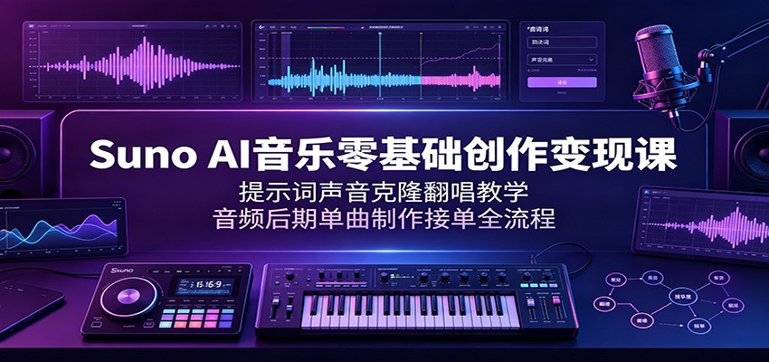 Suno AI音乐零基础创作变现课：提示词声音克隆翻唱教学，音频后期单曲制作接单全流程-得宝资源站