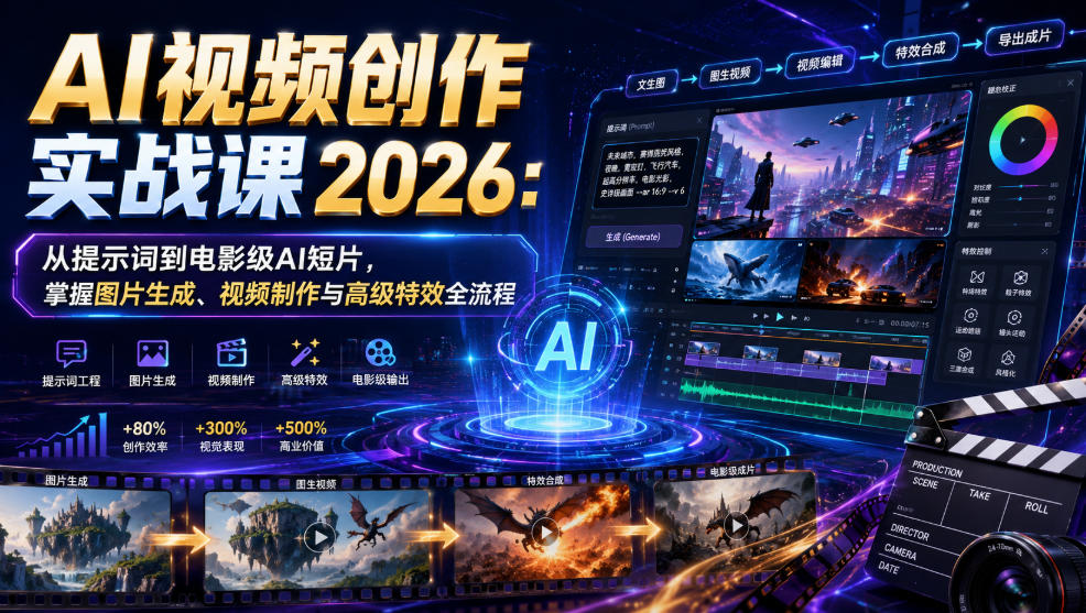 AI视频创作实战课2026：从提示词到电影级AI短片，掌握图片生成、视频制作与高级特效全流程-得宝资源站