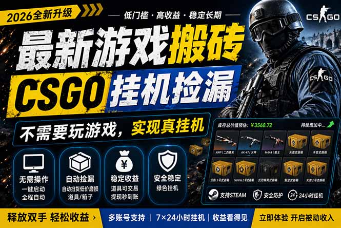最新游戏搬砖，CSGO纯挂机，不需要玩游戏，实现真挂机，月入1W+，五一小高峰上车可吃肉，…-得宝资源站
