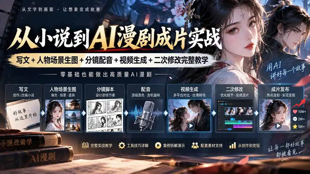 从小说到AI漫剧成片实战：写文+人物场景生图+分镜配音+视频生成+二次修改完整教学-得宝资源站