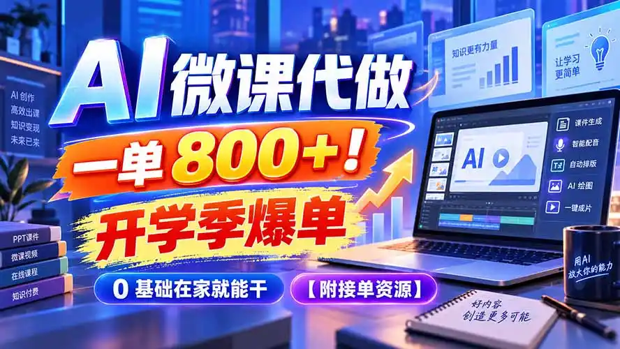 AI 微课代做，一单 800+！开学季爆单，0 基础在家就能干【附接单资源】-得宝资源站
