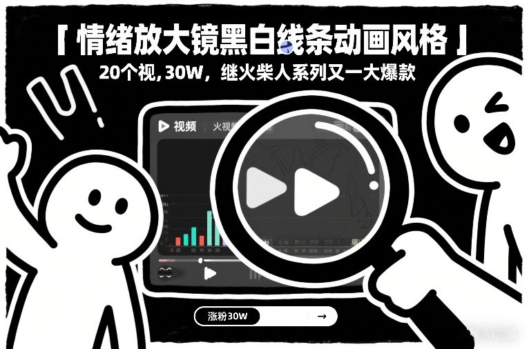 情绪放大镜黑白线条动画风格，20个视频，涨粉30W，继火柴人系列又一大爆款-得宝资源站