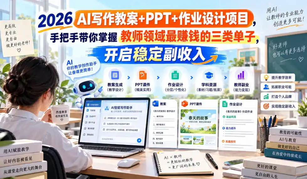 2026 AI写作教案+PPT+作业设计项目，手把手带你掌握教师领域最賺钱的三类单子，开启稳定副收入-得宝资源站