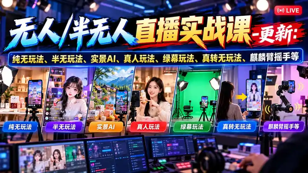无人/半无人直播实战课-10月20更新：纯无玩法、半无玩法、实景AI、真人玩法、绿幕玩法、真转无玩法、麒麟臂摇手等-得宝资源站