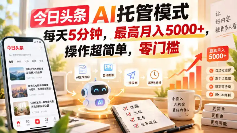 今日头条AI托管模式，每天5分钟，最高月入5000+，操作超简单，零门槛【揭秘】-得宝资源站