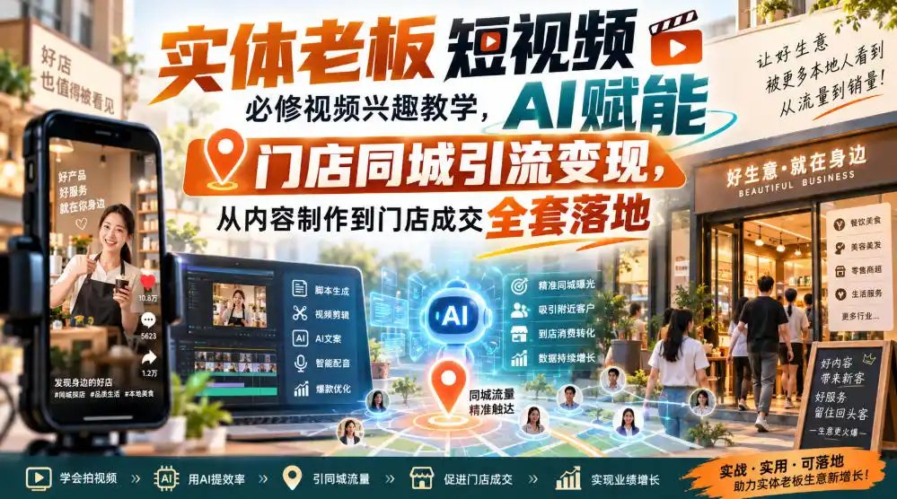 实体老板短视频必修视频兴趣教学，AI赋能门店同城引流变现，AI+短视频+直播打爆实体客流量-得宝资源站