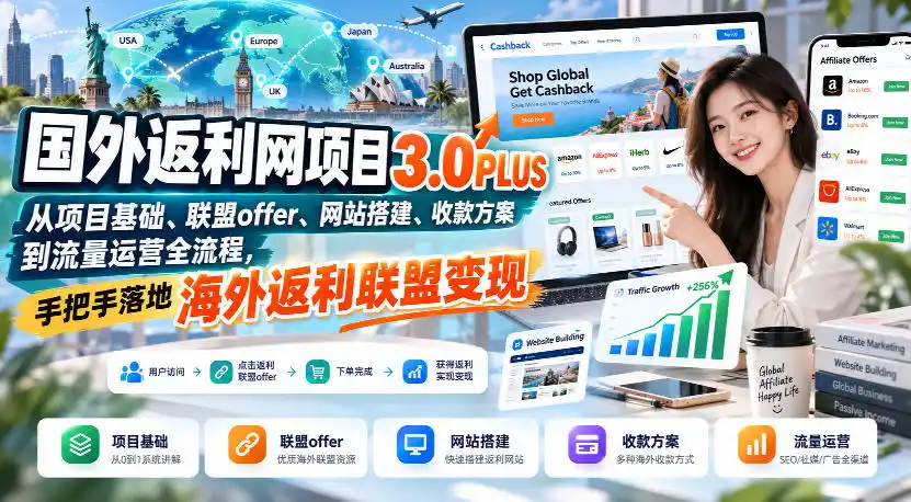 国外返利网项目3.0PLUS，从项目基础、联盟offer、网站搭建、收款方案到流量运营全流程，手把手落地海外返利联盟变现-得宝资源站