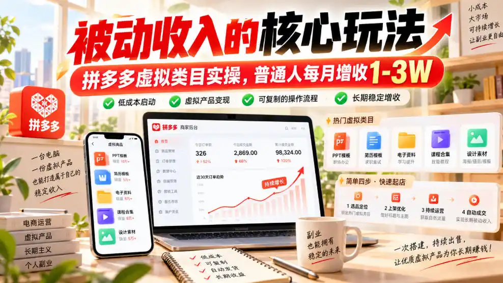 被动收入的核心玩法，拼多多虚拟类目实操，普通人每月增收1-3W【揭秘】-得宝资源站