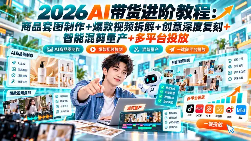 2026AI带货进阶教程：商品套图制作+爆款视频拆解+创意深度复刻+智能混剪量产+多平台投放-得宝资源站