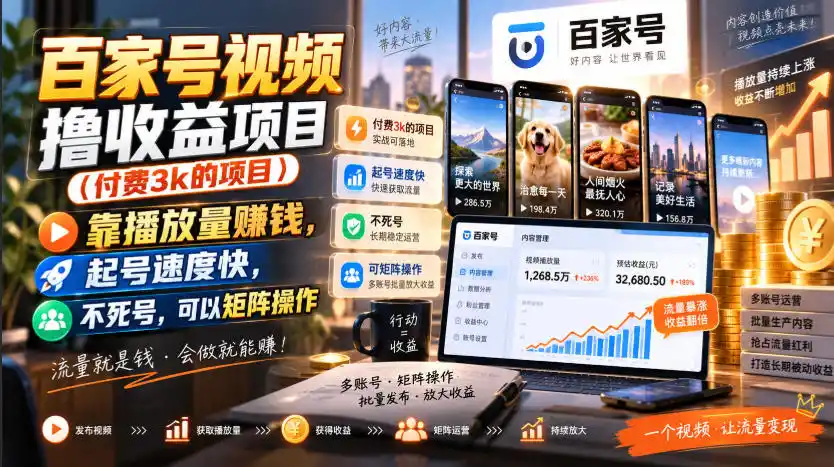 百家号视频撸收益项目(付费3k的项目)，靠播放量賺钱，起号速度快，不死号，可以矩阵操作-得宝资源站