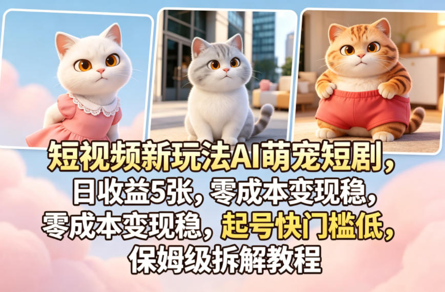 短视频新玩法AI萌宠短剧，日收益5张，零成本变现稳，起号快门槛低，保姆级拆解教程-得宝资源站