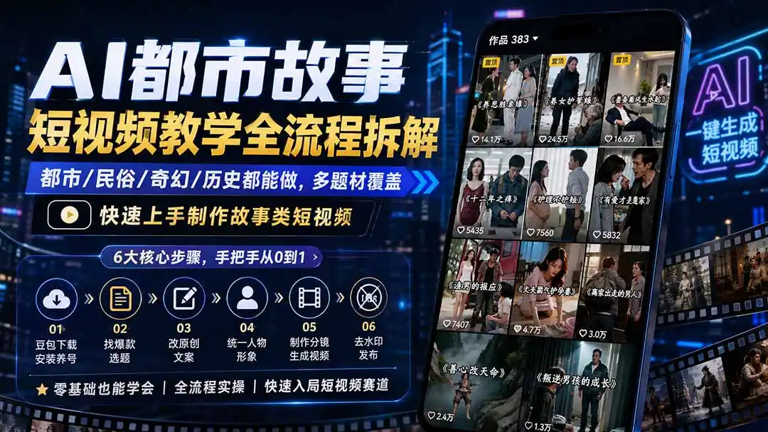 AI都市故事短视频教学全流程拆解；都市/民俗/奇幻/历史都能做多题材覆盖，快速上手制作故事类短视频-得宝资源站