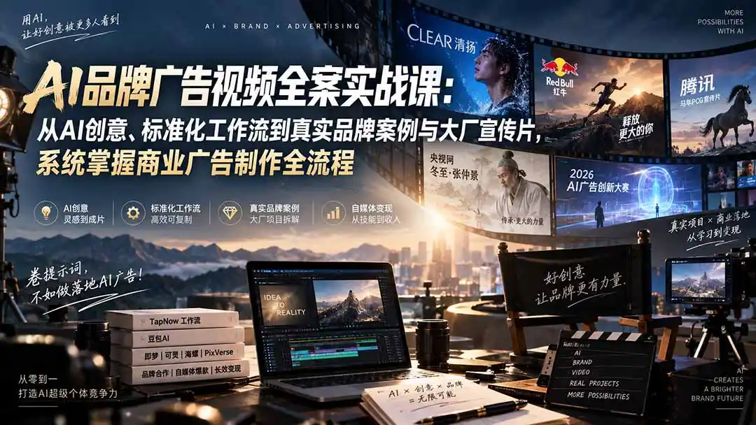 AI品牌广告视频全案实战课：从AI创意、标准化工作流到真实品牌案例与大厂宣传片，系统掌握商业广告制作全流程-得宝资源站