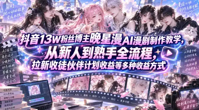 抖音13W粉丝博主晚星漫AI漫剧制作教学，从新人到熟手全流程，拉新收徒伙伴计划收益等多种收益方式，单日1K+-得宝资源站