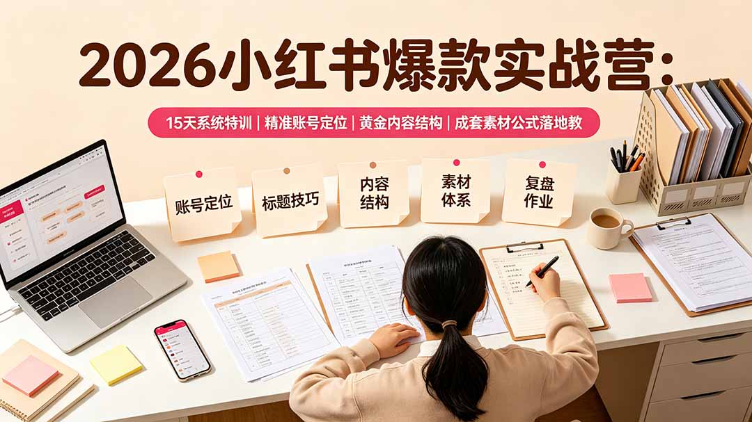 2026小红书爆款实战营：15天系统特训｜精准账号定位｜黄金内容结构｜成套素材公式落地教程-得宝资源站