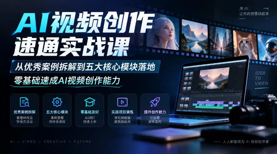 AI视频创作速通实战课｜从优秀案例拆解到五大核心模块落地，零基础速成AI视频创作能力-得宝资源站