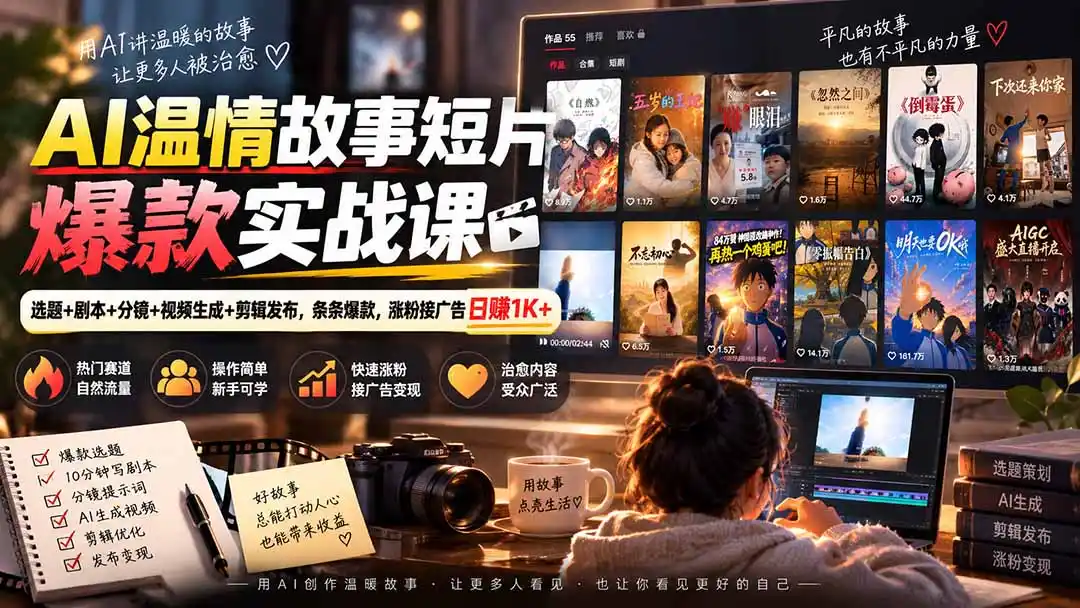 AI温情故事短片爆款实战课-更新｜选题+剧本+分镜+视频生成+剪辑发布，条条爆款，涨粉接广告日赚1K+-得宝资源站