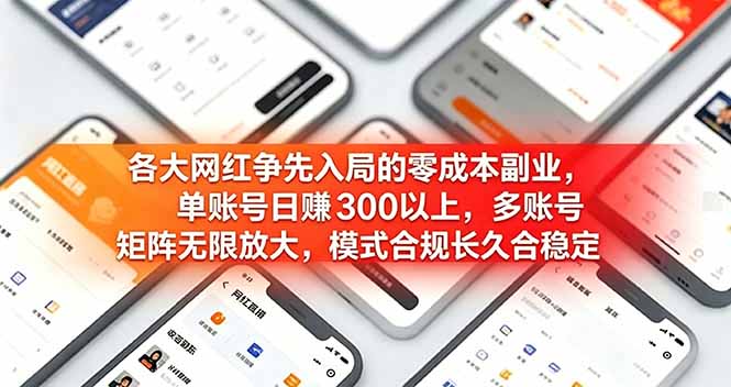 各大网红争先入局的零成本副业，单账号日赚 300 以上，多号矩阵可放大，模式合规长久稳定！-得宝资源站