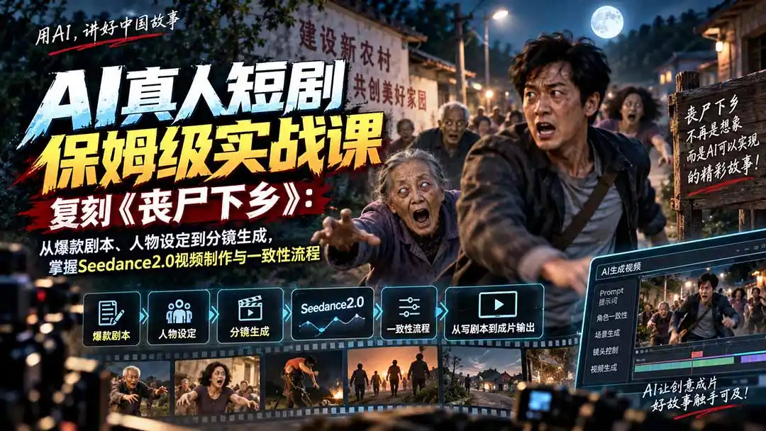 AI真人短剧保姆级实战课，复刻《丧尸下乡》：从爆款剧本、人物设定到分镜生成，掌握Seedance2.0视频制作与一致性流程-得宝资源站