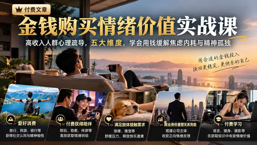 付费文章：金钱购买情绪价值实战课｜高收入人群心理疏导，五大维度，学会用钱缓解焦虑内耗与精神孤独-得宝资源站