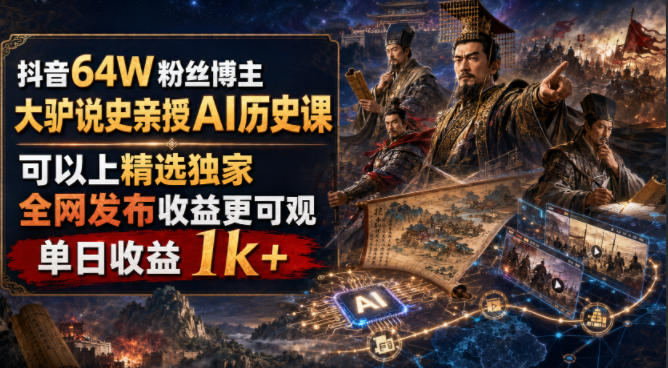 抖音64W粉丝博主大驴说史亲授AI历史课，可以上精选独家，全网发布收益更可观，单日收益1k+-得宝资源站