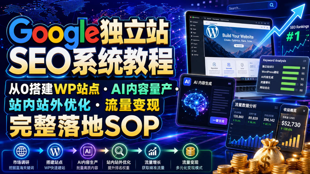 Google独立站SEO系统教程，从0搭建WP站点・AI内容量产・站内站外优化・流量变现完整落地SOP(2026年7月)-得宝资源站