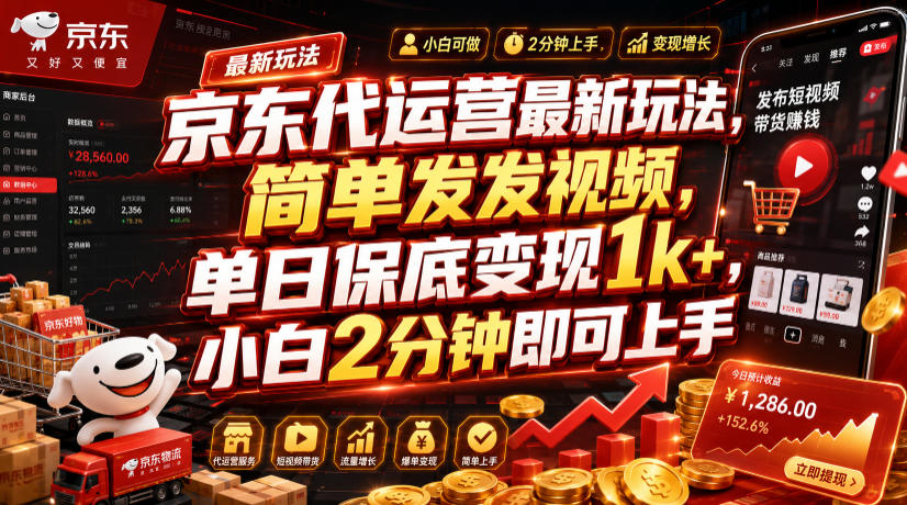 京东代运营最新玩法，简单发发视频，单日保底变现1k+，小白2分钟即可上手【揭秘】-得宝资源站